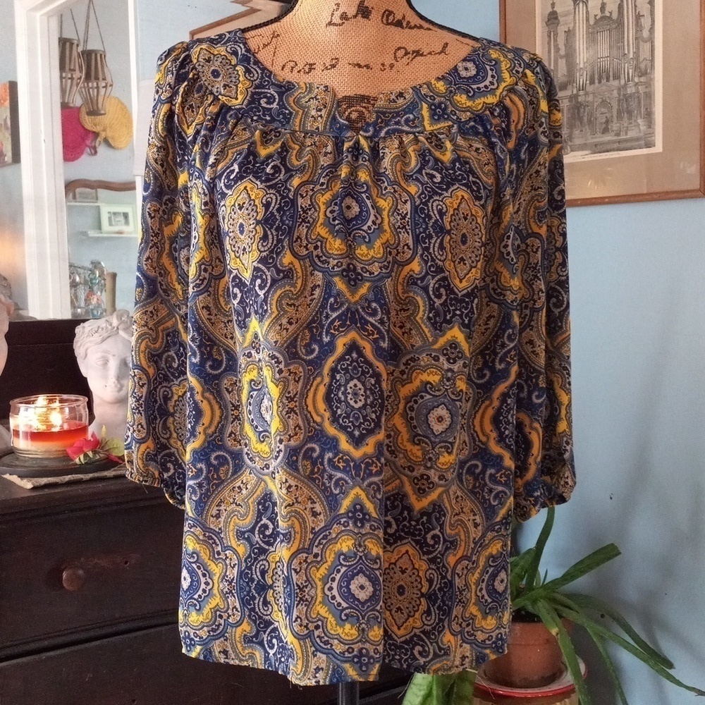 Ann Taylor Navy Mustard Yellow Paisley Boho Blouse Petite Small - Picture 2 of 13